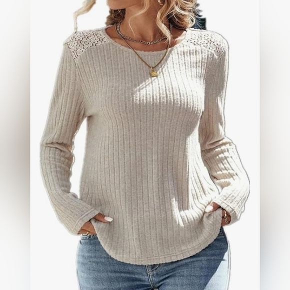 Boutique Sweaters - Womens Apricot Sweater Pit Brushed Long Sleeve Sheer Embroidered Shoulders NWOT